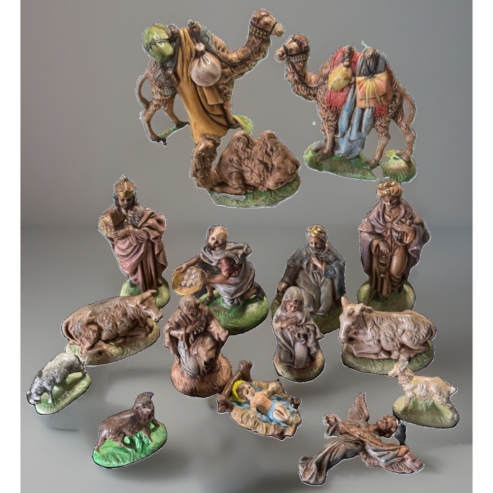 Vintage Atlantic Mold Ceramic Nativity Set 16 Pc Hand Painted Camels Wise Men